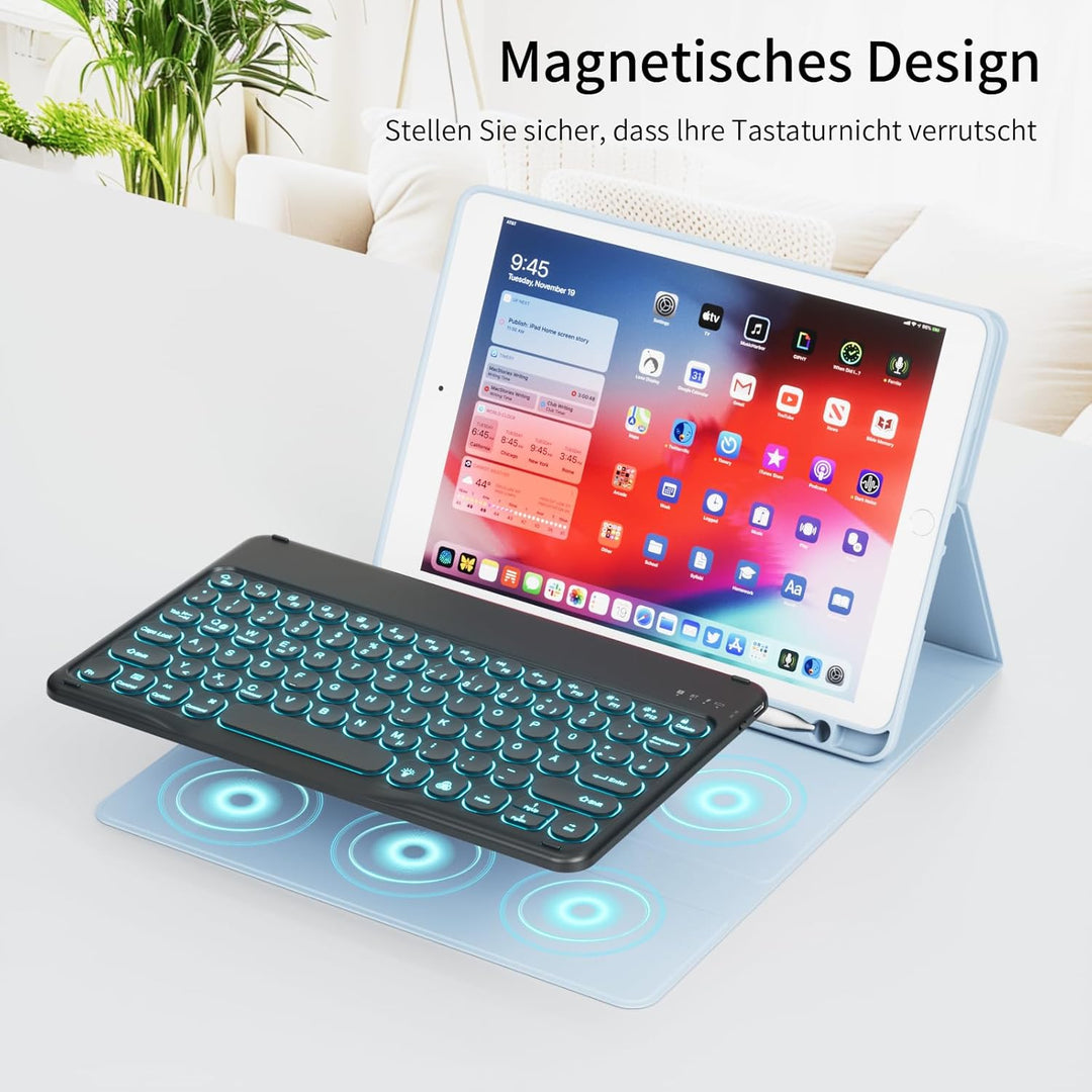 Hülle mit Tastatur für iPad 9/8/7 Generation (2021/2020/2019) 10.2 Zoll Soft TPU Rückschalemit Stift