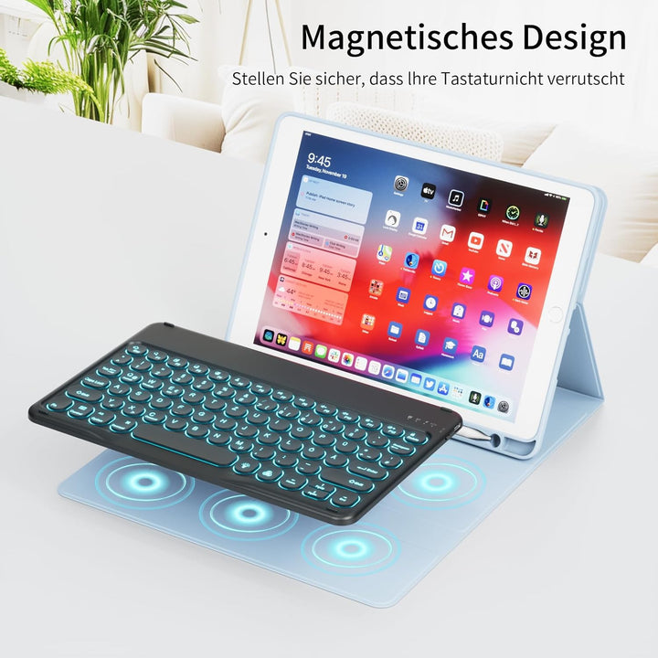 Hülle mit Tastatur für iPad 9/8/7 Generation (2021/2020/2019) 10.2 Zoll Soft TPU Rückschalemit Stift