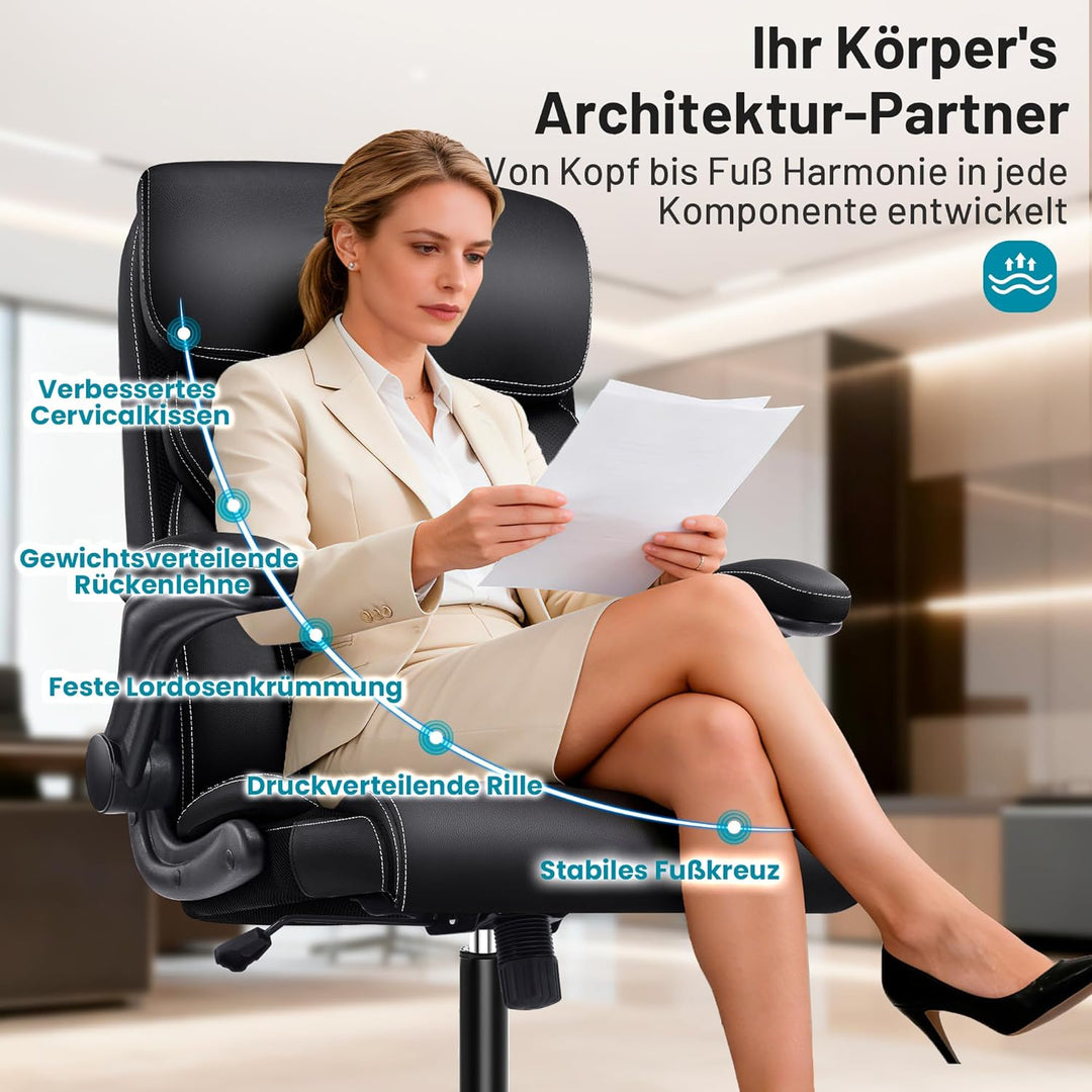 Chefsessel aus PU-Kunstleder, Bürostuhl Ergonomisch mit Verstellbaren Armlehnen und Hoher Rückenlehn