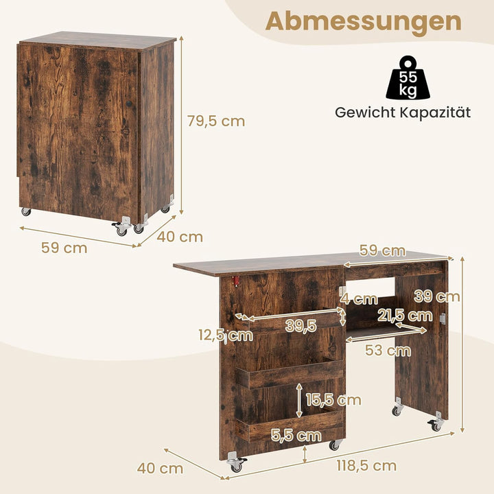 COSTWAY 2 in 1 Nähtisch klappbar, Nähmaschinenschrank aus Holz mit Regalen & Ablagefach, Nähschrank