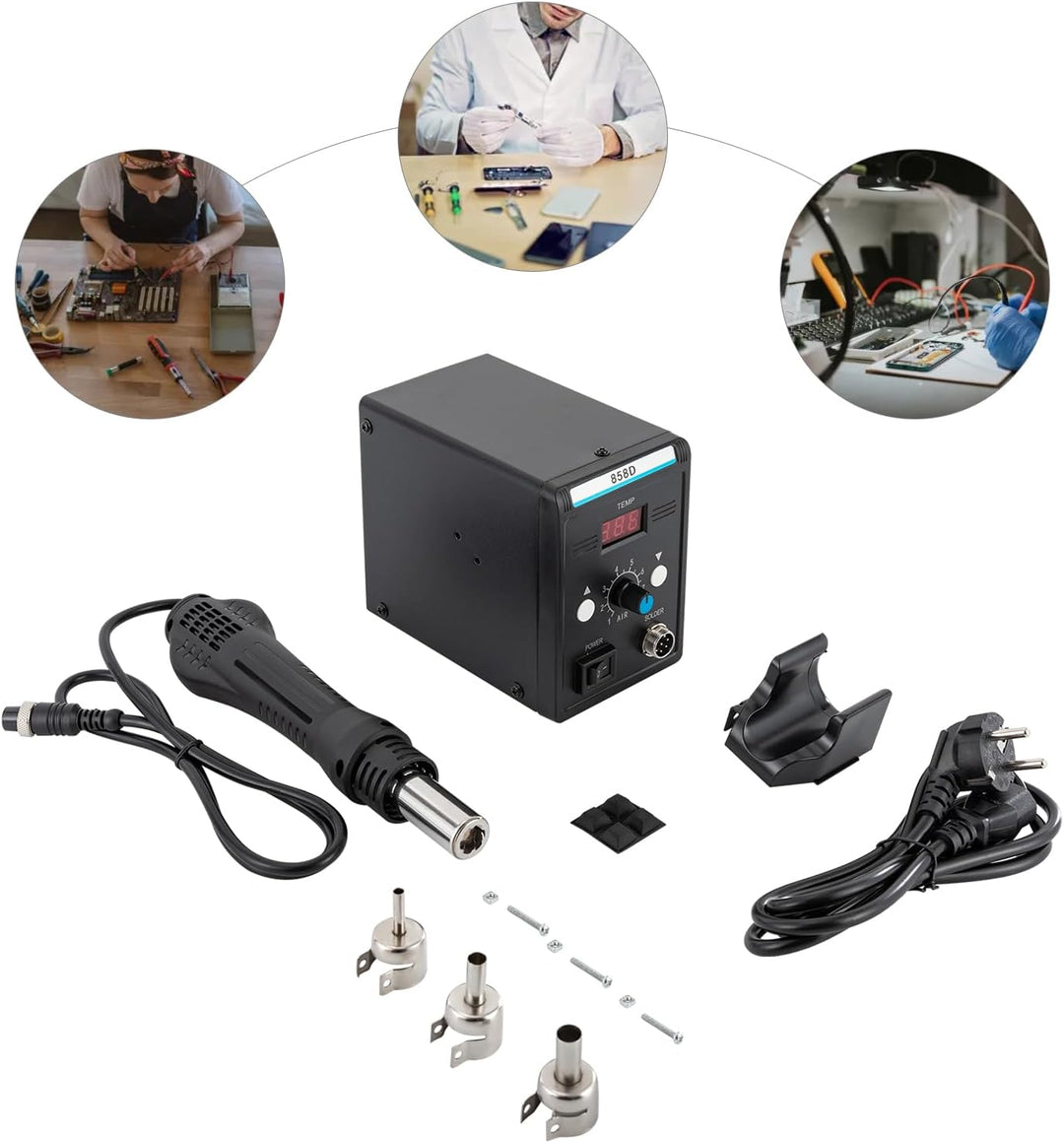 Heissluft-Rework-Station 858D, 700 W, 100–500 °C, LED, 3 Düsen | PID-Regelung, 8 Luftstufen und Wink