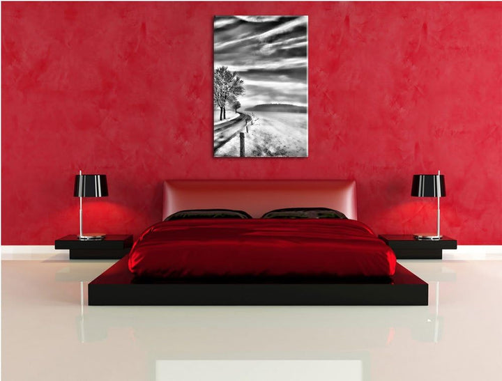 Monocrome, Baum im Schnee, Format: 100x70 auf Leinwand, XXL riesige Bilder fertig gerahmt mit Keilra