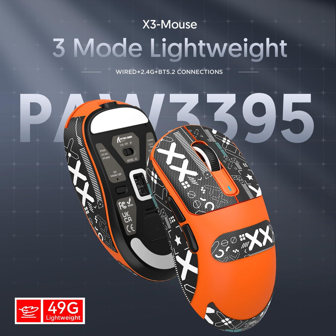 ATTACK SHARK X3 49g Superlight Mouse with Tape, PixArt PAW3395 Gaming Sensor, BT/2.4G Wireless/Wired