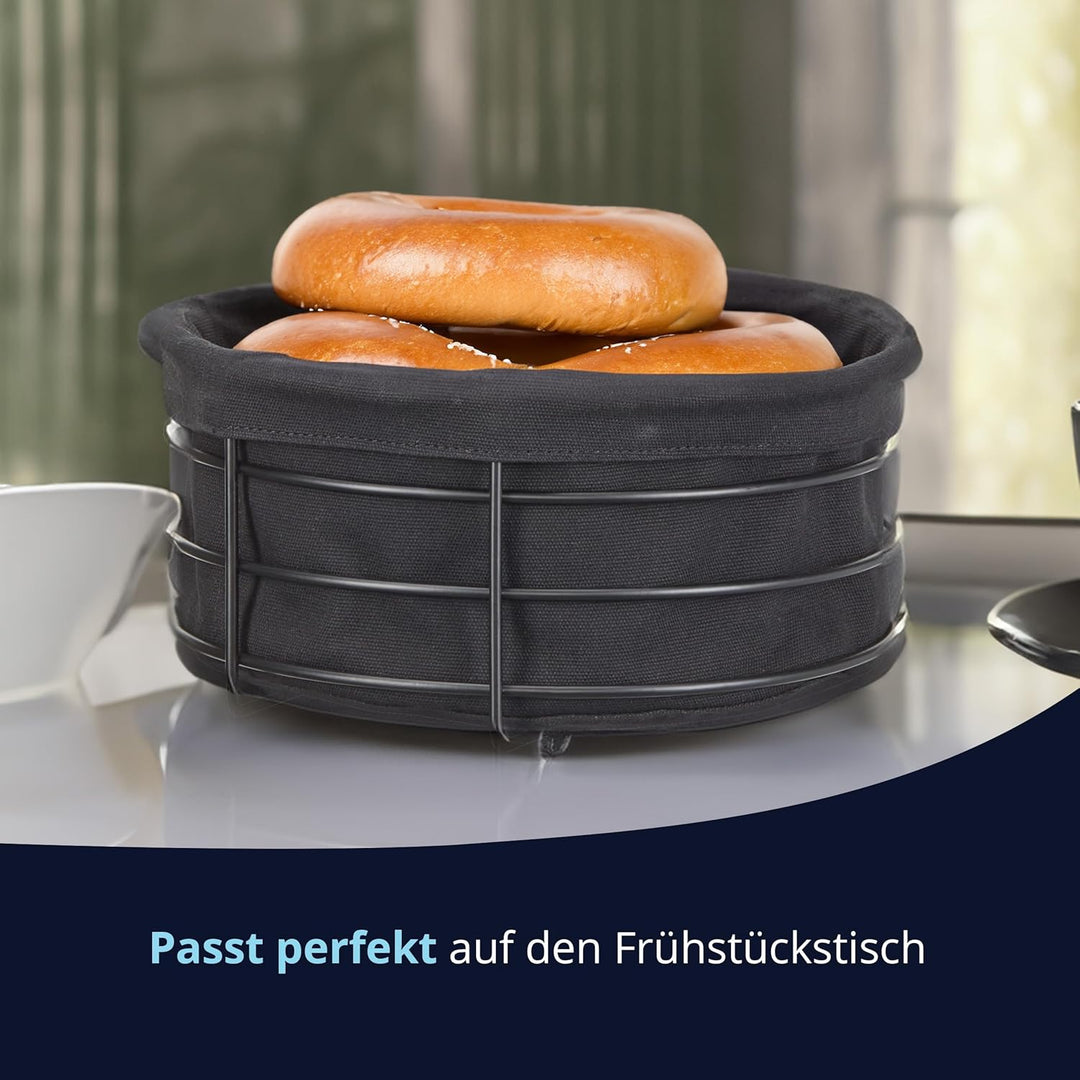 KHG Brotkorb aus Metall mit Stoffeinsatz in schwarz, rund 23,5 cm, Brötchenkorb aus Edelstahl, Stoff