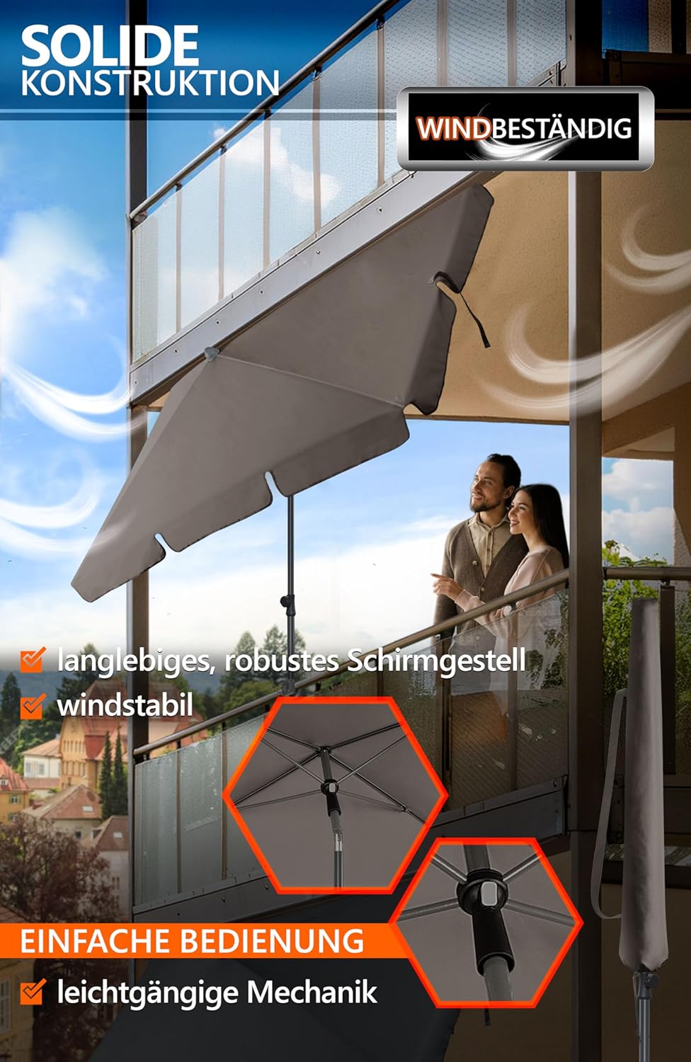 4smile Sonnenschirm Balkon SunnyShade, 200 x 125 cm, Taupe - UPF 50+ Sonnenschirm rechteckig als Son
