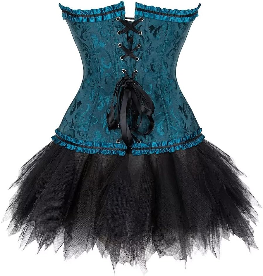Korsett Schwarz Corsage Kleid Rock elegant Kostüm mit korsettkleid Spitze Lace nrock sexy Karneval F