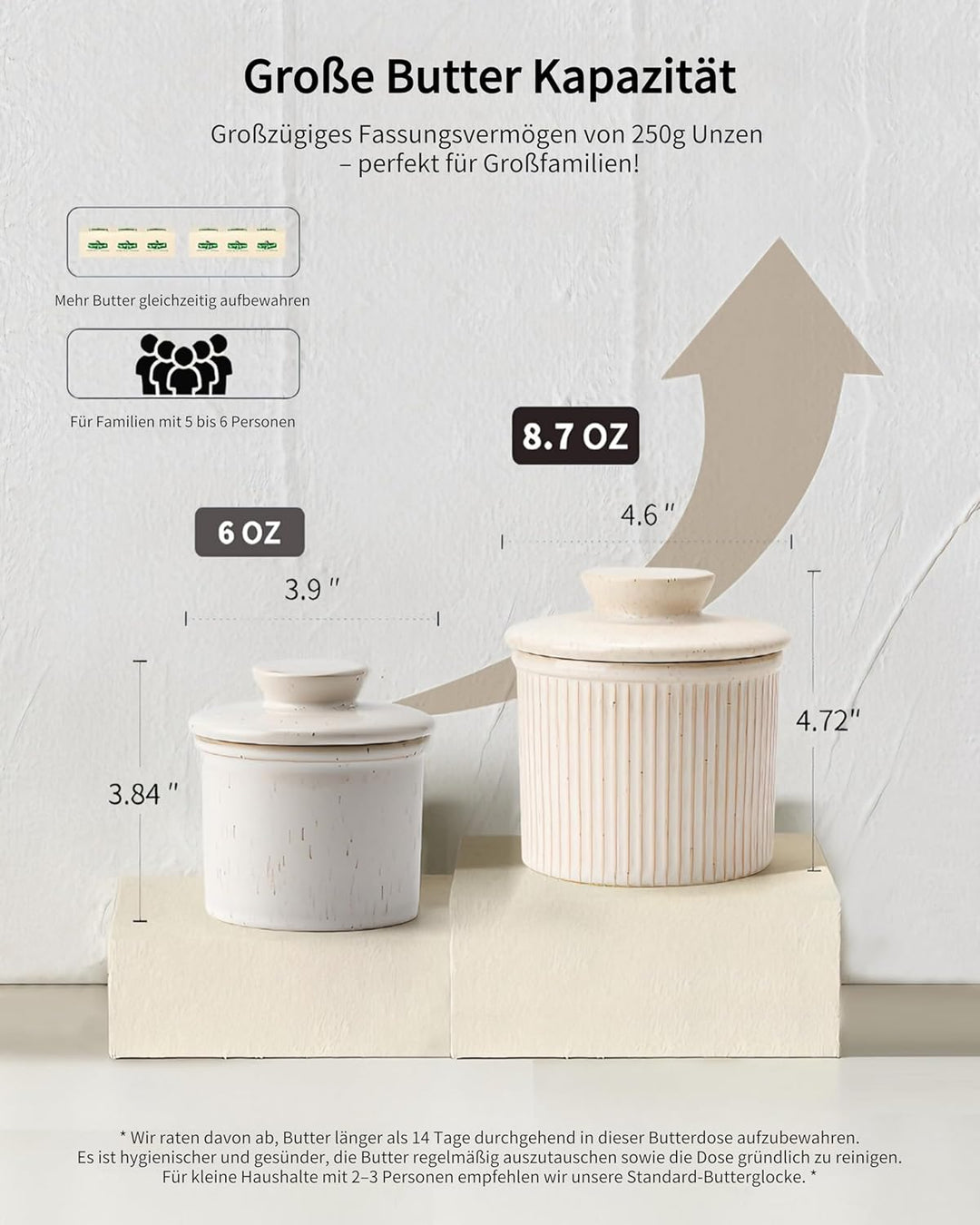 HOME DECOR Grosse Butterdose Keramik, Französische Butterdose mit Deckel, Streifen-Design Buttergloc