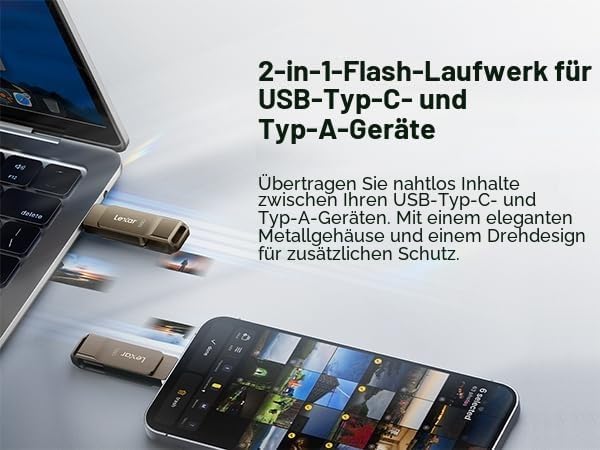 Lexar D40E 128 GB Dual Drive USB 3.2 Gen 1 Type-C Jump Drive, USB-C Flash Drive, Metallgehäuse, schw