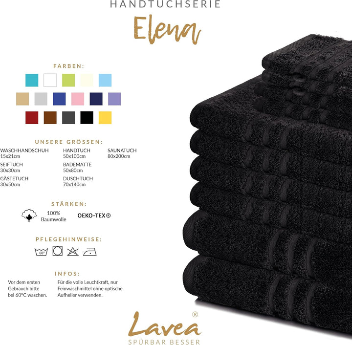 Lavea 2er Set Saunatuch 80x200cm, Frottierserie Elena, Schwarz 2 x 80 x 200 cm Schwarz, 2 x 80 x 200