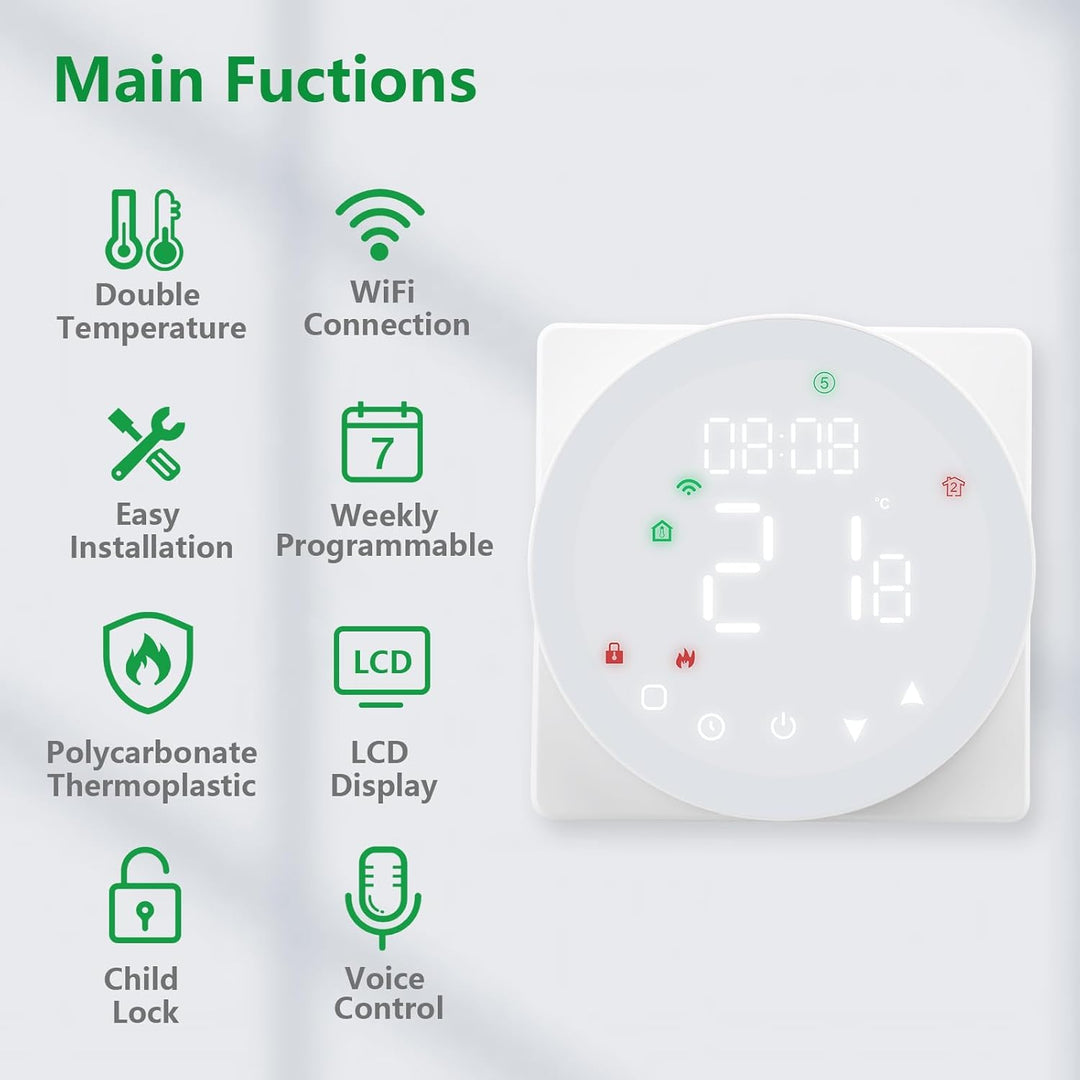 Wengart WiFi-Thermostat WG908, AC230V 5A 2,4 GHz TUYA APP Wochenprogrammierung mit Farb-LCD-Display,