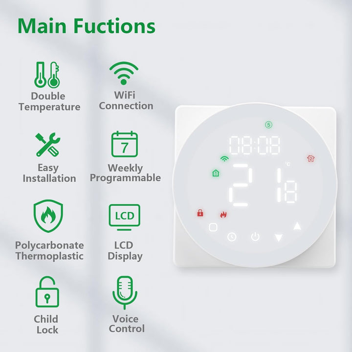 Wengart WiFi-Thermostat WG908, AC230V 5A 2,4 GHz TUYA APP Wochenprogrammierung mit Farb-LCD-Display,