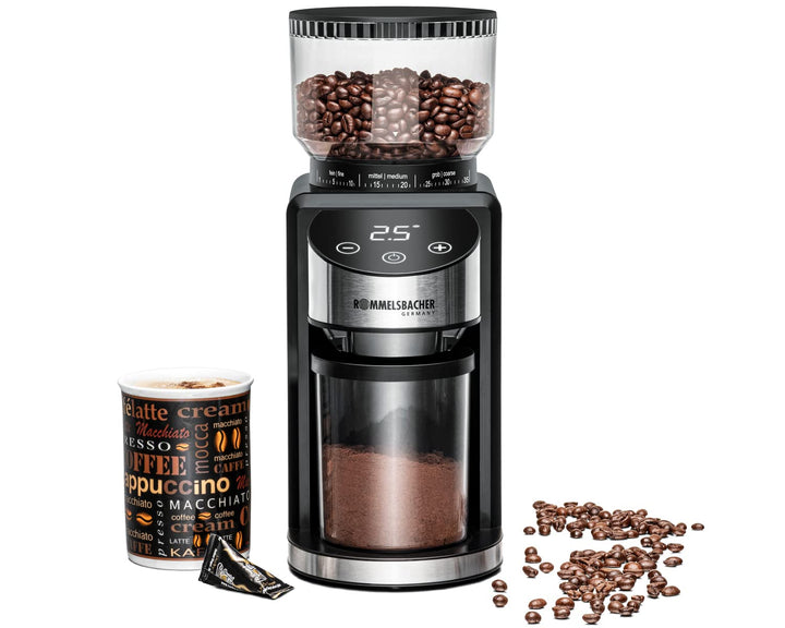 ROMMELSBACHER Kaffeemühle EKM 400 - Kegelmahlwerk, Antistatik-Funktion, 12 Portionen, Halterung für