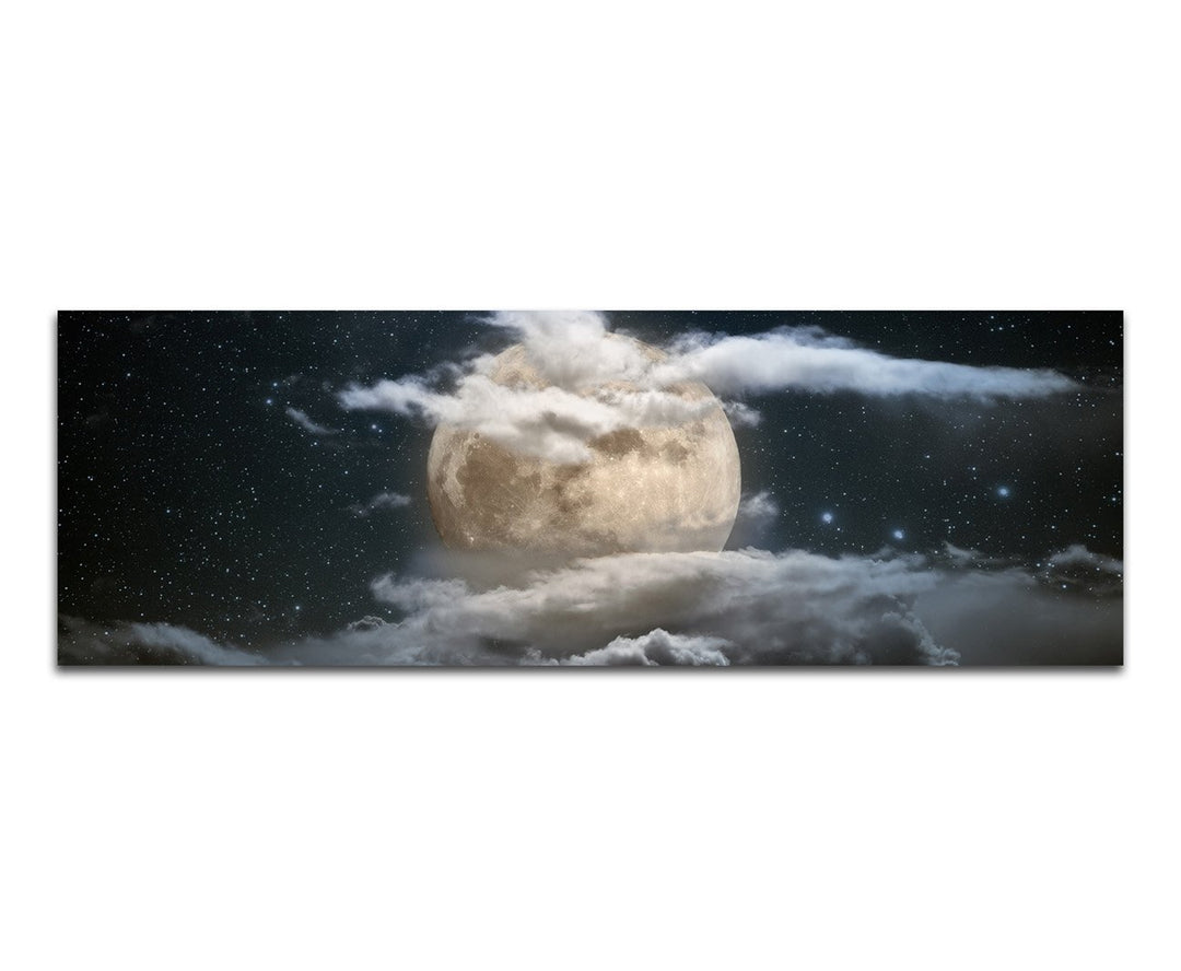Paul Sinus Art Panoramabild auf Leinwand und Keilrahmen 120x40cm Vollmond Wolken Himmel Sterne Nacht