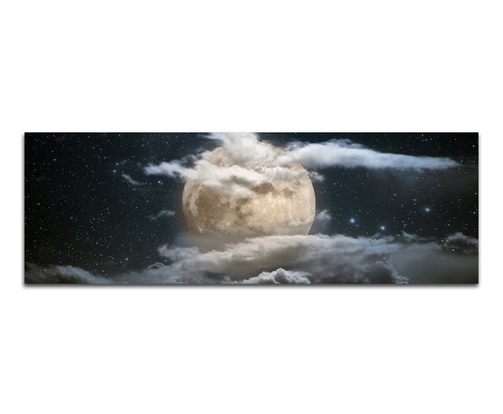 Paul Sinus Art Panoramabild auf Leinwand und Keilrahmen 120x40cm Vollmond Wolken Himmel Sterne Nacht