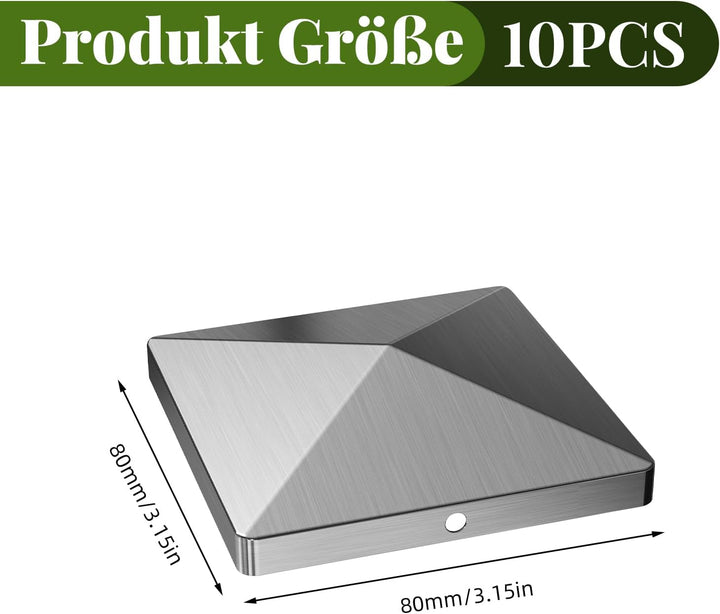Pfostenkappen, 8x8cm Zaunkappe 10 Stück Edelstahl Abdeckkappen Pfostenabdeckung Zaunpfosten Kappen f