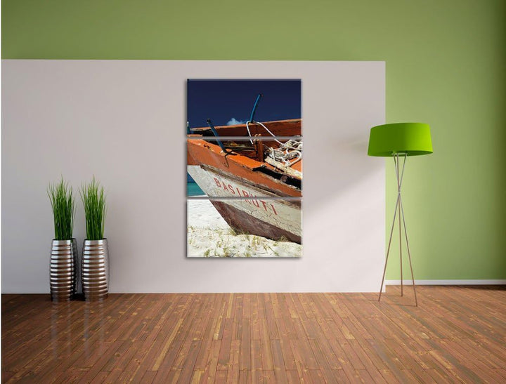 Pixxprint Boot am Strand 3-Teiler Leinwandbild 120x80 Bild auf Leinwand