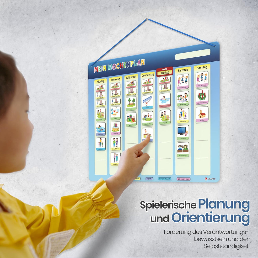 LIKARTO Wochenplaner für Kinder - Montessori Magnettafel inkl. 198 Magnete & Kordel - Komplett besch