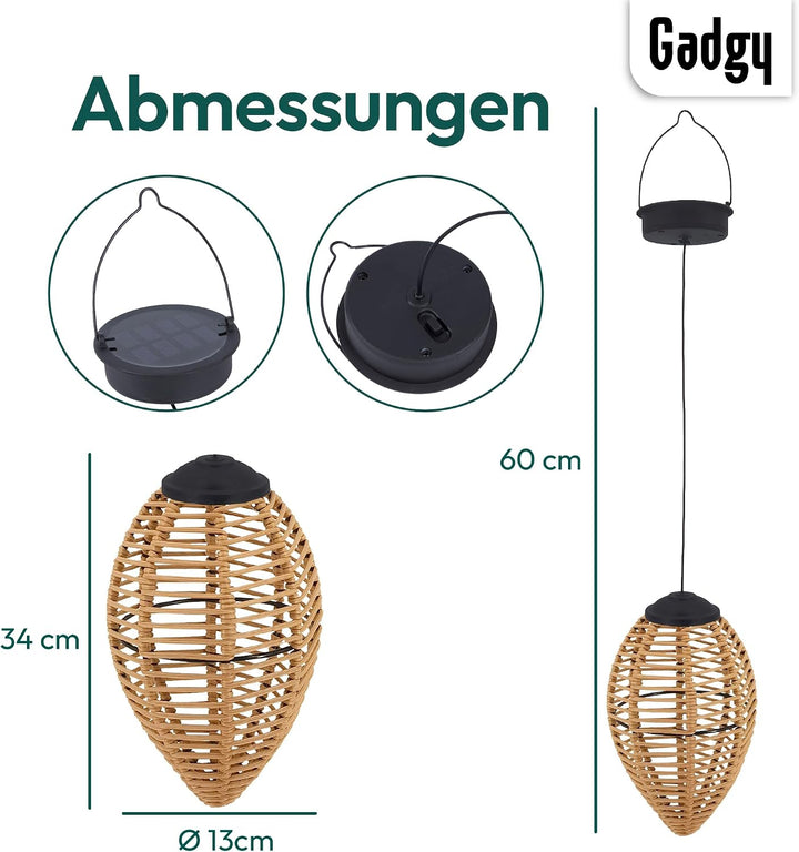 Gadgy Rattan Solarleuchten für Aussen – 2er Set LED Hängelaternen aus Rattan – Dekorative Gartenbele