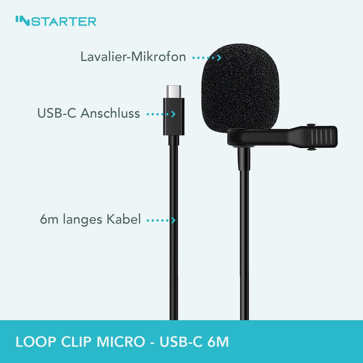 Instarter Lavalier-Ansteckmikrofon mit USB-C Anschluss (6m Kabel), Windschutz & Tasche I klarer Soun