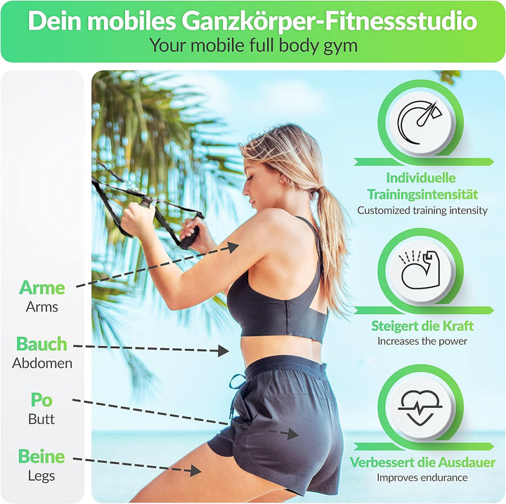 PREMIUM Schlingentrainer, Made in Germany, geprüft & zertifiziert, Slingtrainer Krafttraining Set fü