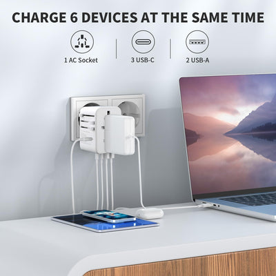 EPICKA Reiseadapter Weltweit, GaN Universal Reisestecker 70W PD Schnellladegerät, Travel Adapter mit