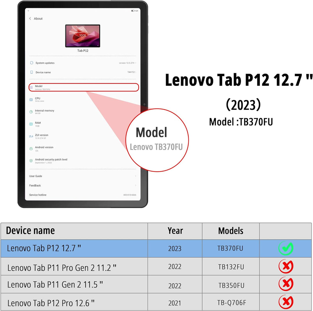 EasyAcc Hülle Kompatibel mit Lenovo Tab P12 2023 TB370FU mit Stifthalter, Ultra Dünn Case mit Standf