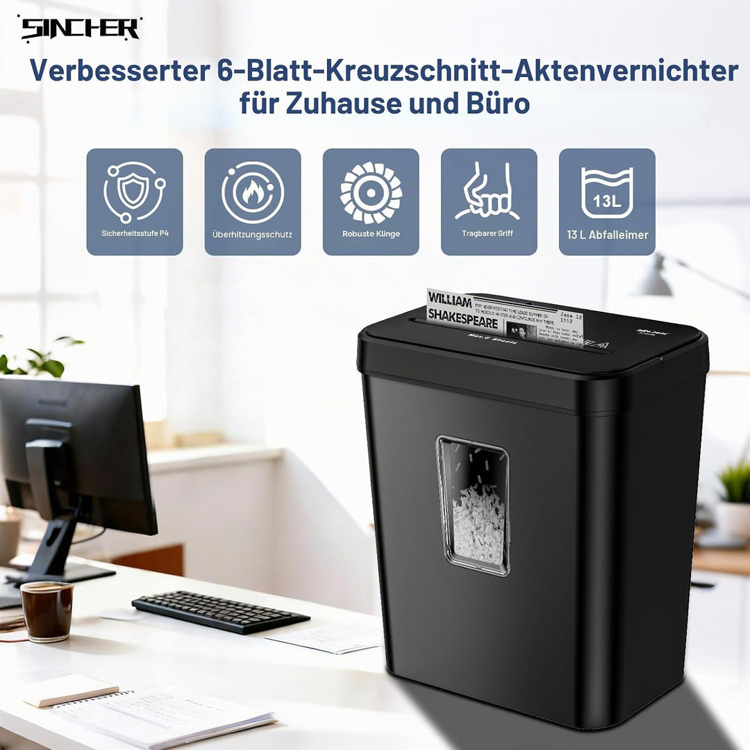 Aktenvernichter, 6-Blatt Kreuzschnitt Papierschredder mit P-4 Geheimhaltungsstufe, 13L Papierkorb mi