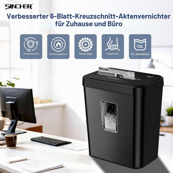 Aktenvernichter, 6-Blatt Kreuzschnitt Papierschredder mit P-4 Geheimhaltungsstufe, 13L Papierkorb mi
