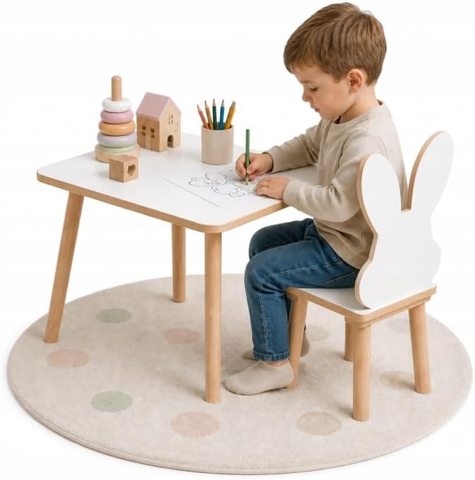 Kindertisch + Hasen‑Stuhl Set 50×50×47 cm – Tisch &amp; Stuhl für Kinder aus MDF &amp; Holz – natürlicher Le
