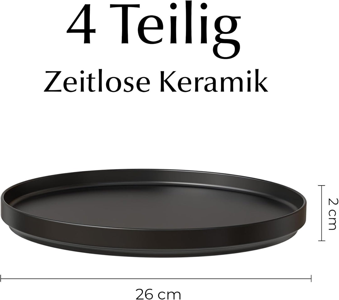 MIAMIO - Teller Set, 4er Set Speiseteller (26 cm) - Luxe (Schwarz) | Modernes Keramik Teller Set, Te