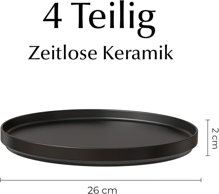 MIAMIO - Teller Set, 4er Set Speiseteller (26 cm) - Luxe (Schwarz) | Modernes Keramik Teller Set, Te