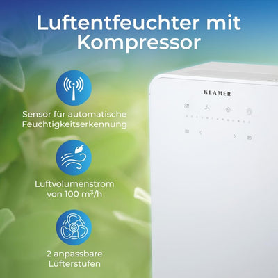 KLAMER Luftentfeuchter elektrisch 12L, 100m³ Luftumwälzung pro Stunde, 280W starker Raumentfeuchter,