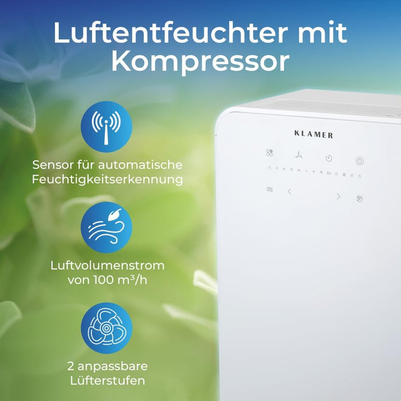 KLAMER Luftentfeuchter elektrisch 12L, 100m³ Luftumwälzung pro Stunde, 280W starker Raumentfeuchter,