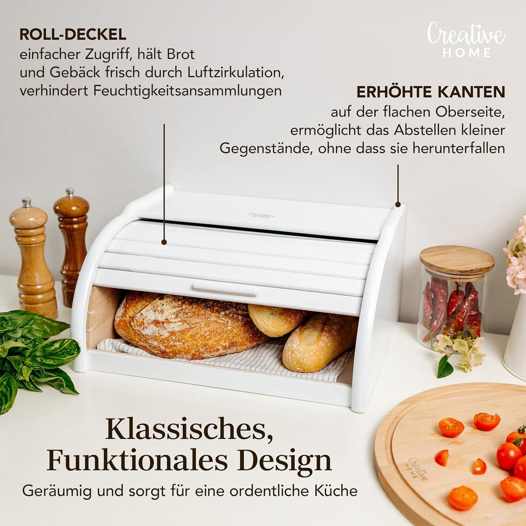 Creative Home Weiss Brotkasten Holz | 38 x 28,5 x 17,5cm (+/-1cm) | Perfekte BrotBox für Brot Brötch