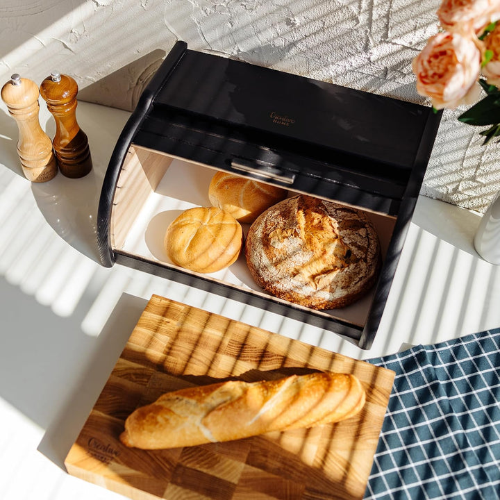 Creative Home Schwarz Brotkasten Holz | 38 x 28,5 x 17,5cm (+/-1cm) | Perfekte BrotBox für Brot Bröt