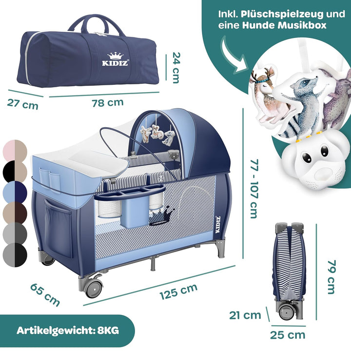 Kidiz® Babybett Reisebett Kinderreisebett klappbar mit Matratze & Räder 120x60, Seiteneingang, Wicke