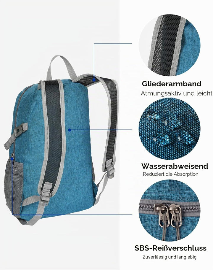 WATERFLY Ultraleicht Faltbar Klein Rucksack: 20L Leicht Packable Wanderrucksack Tagesrucksack Trekki
