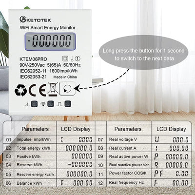 KETOTEK Smart Stromzähler Hutschiene 1 Phasig Bidirektional, Digital Energiezähler WLAN 5(65) A 90-2