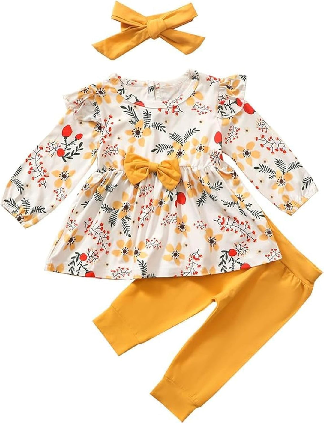 Baby Mädchen Kleidung Bow Floral Rüsche Langarm Top+ Hosen+Stirnband 3Pcs Bekleidungssets 18-24 Mona