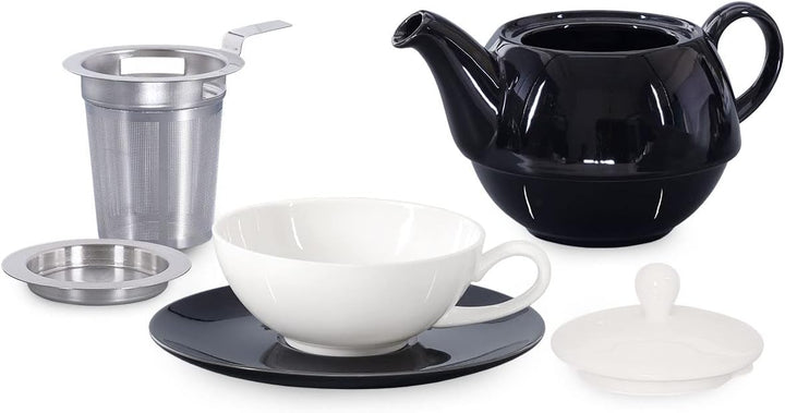 Tea for One mit Sieb Lena 500ml aus Crystal Bone China Porzellan in schwarz. Teekanne + Teetasse + U