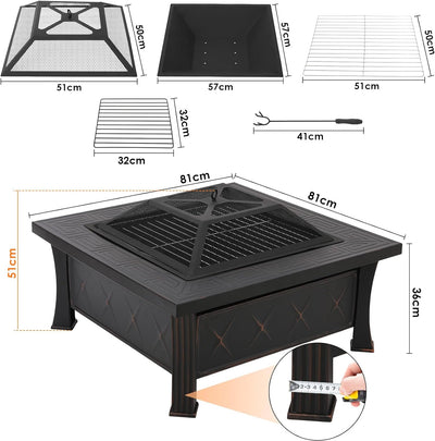 Feuerschale mit Grillrost und Funkenschutz, 3 in 1 Feuerstelle Outdoor Quadratisch mit Abdeckung, Fe