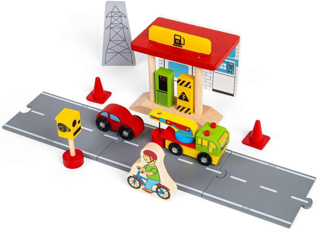 Bigjigs Rail Roadway Car Accessory Pack - 25 Piece Wooden Car Track Accessories with Vehicles, Road