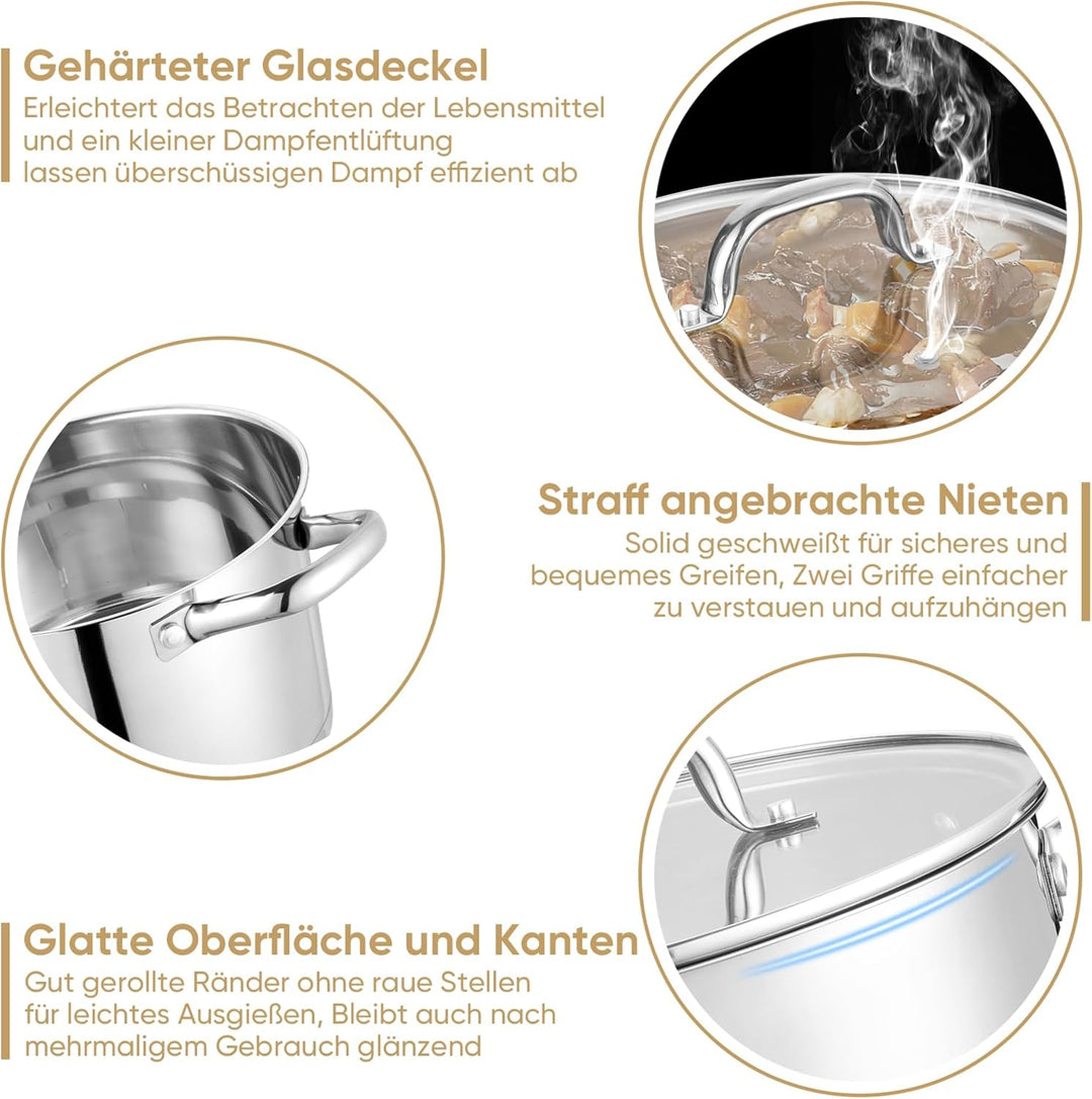 Onader 20cm Kochtopf, 3-Lagiger Boden Edelstahl Topf Induktion mit Glasdeckel, 3,7L nudeltopf Suppen