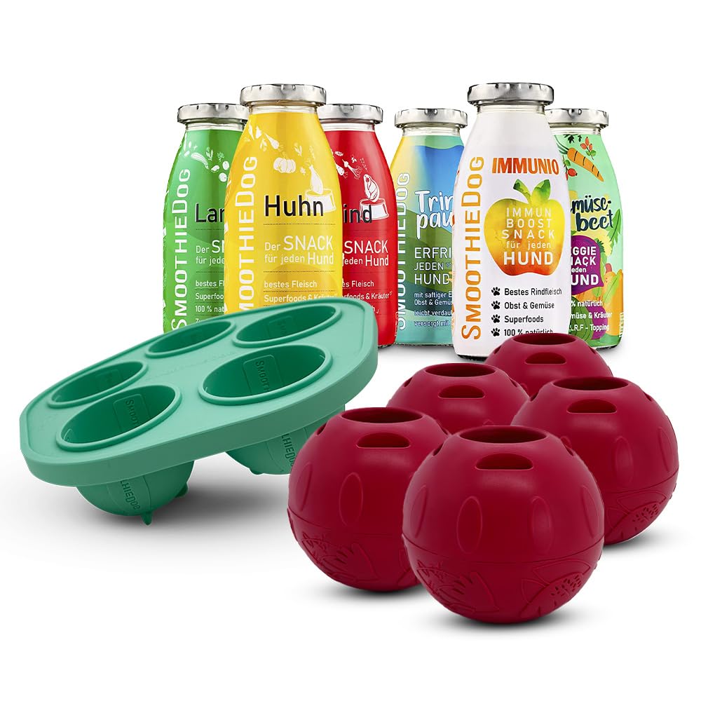 SmoothieDog Schleckball-Set + 4 Schleckbälle Hundesmoothie 6er Mix (250ml) - Schleckball für Hunde,