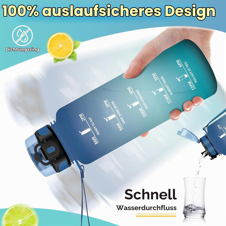 KollyKolla Trinkflasche Kohlensäure Geeignet, 500ml/1L/1.5L, Sport Trinkflasche mit Zeitmarkierung,