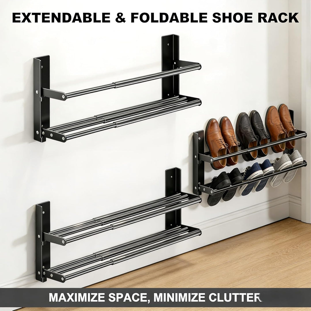 Schuhregal Wandmontage Ausziehbar 37-67cm, Schuhhalter Metall Schwarz, Mini Schuhregal Schmales 2 Eb