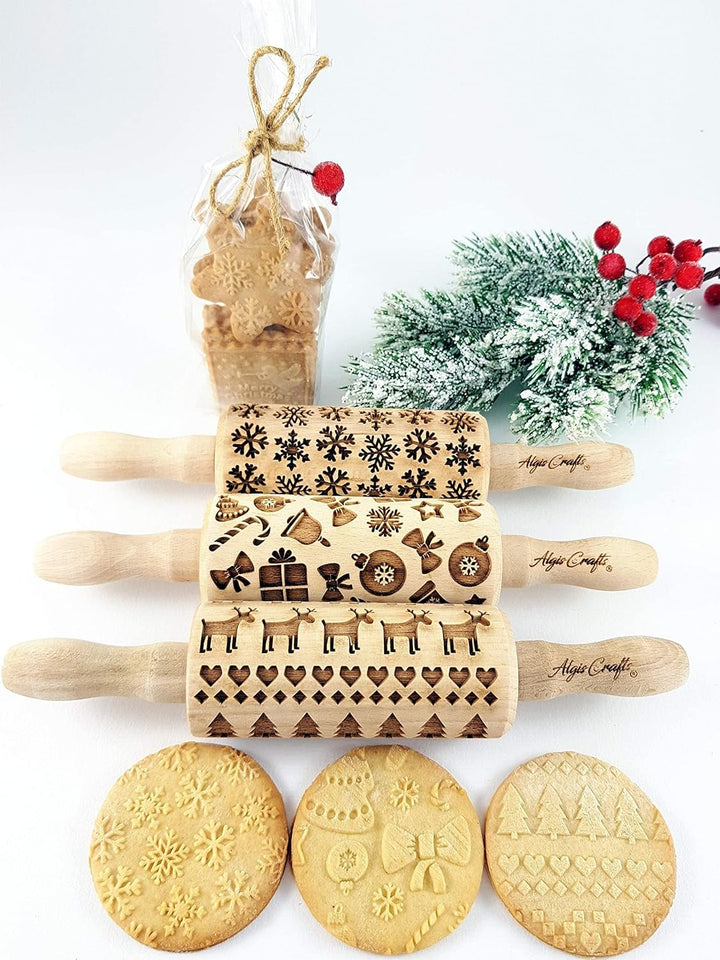 Kinder Nudelholz mit Muster Weihnachten Backen 3-er SET - Teigroller Holz für DIY Weihnachten Plätzc