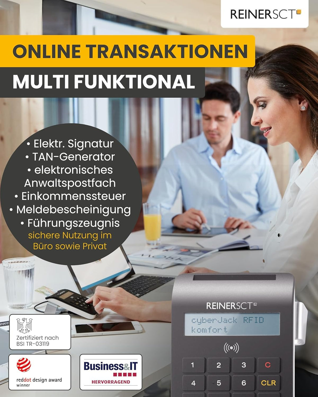 REINER SCT cyberJack RFID Chip-Kartenlesegerät komfort | Multi-Applikationsfähig für z.B. Elster; On