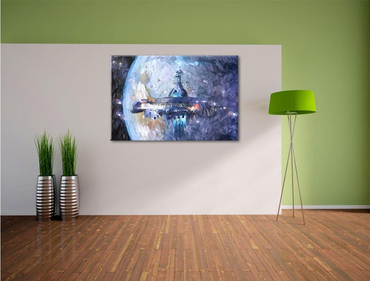 Pixxprint Raumschiff vor der Erde als Leinwandbild/Grösse: 100x70 cm/Wandbild/Kunstdruck/fertig besp