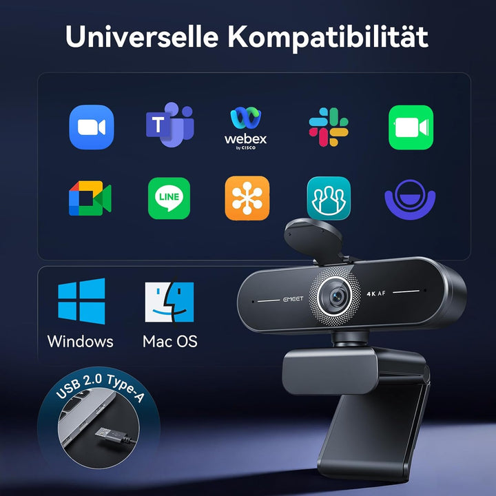 EMEET C60E 4K Webcam für Streaming & Gaming, PDAF-Autofokus, Dual-Mikrofone, Live-Streaming-Kamera m